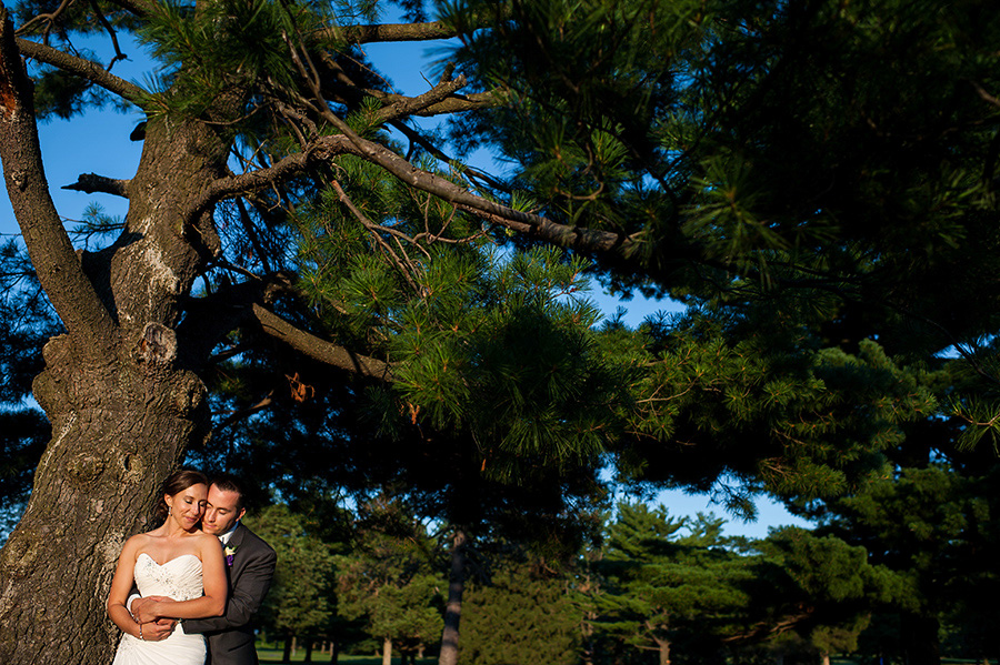 Couple hugging under tree