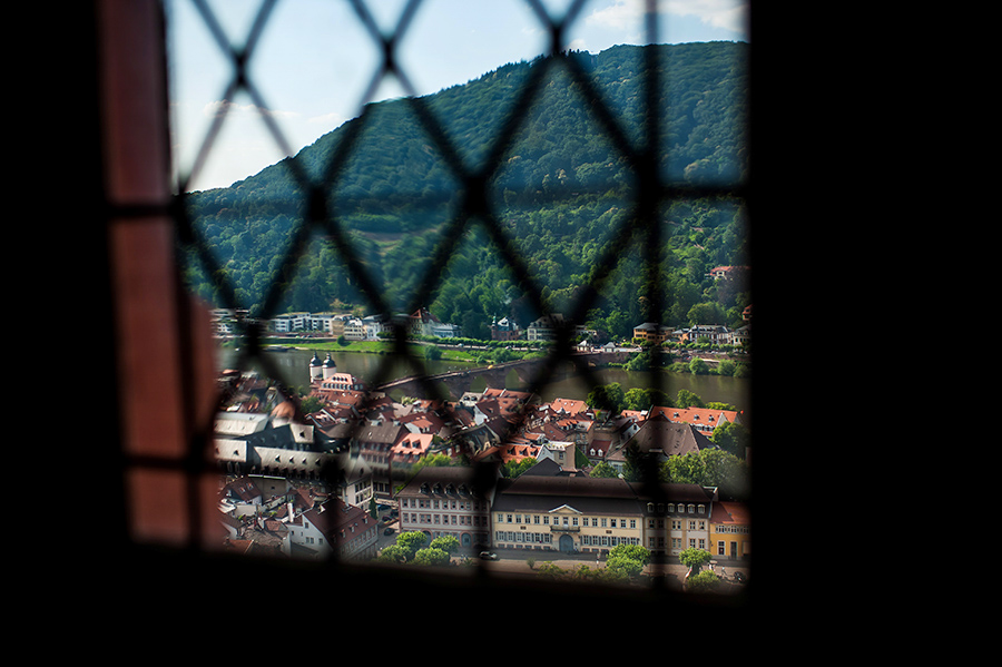 Scenic photo through a window on wedding morning of Heidelberg, Germany.