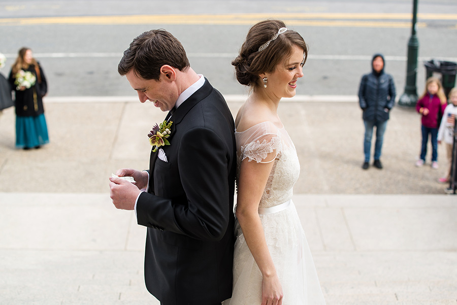 Bride and groom's first look at Franklin Institute.