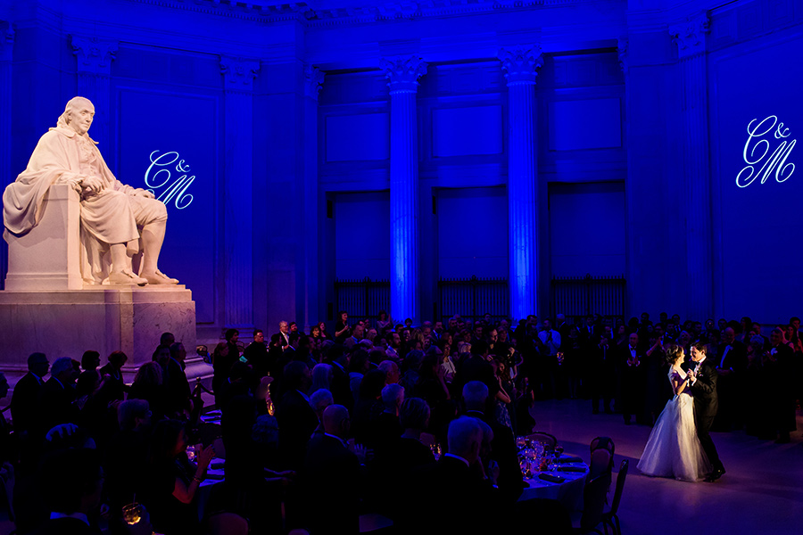 Bride and groom's first dance at Franklin Institute on their wedding day.