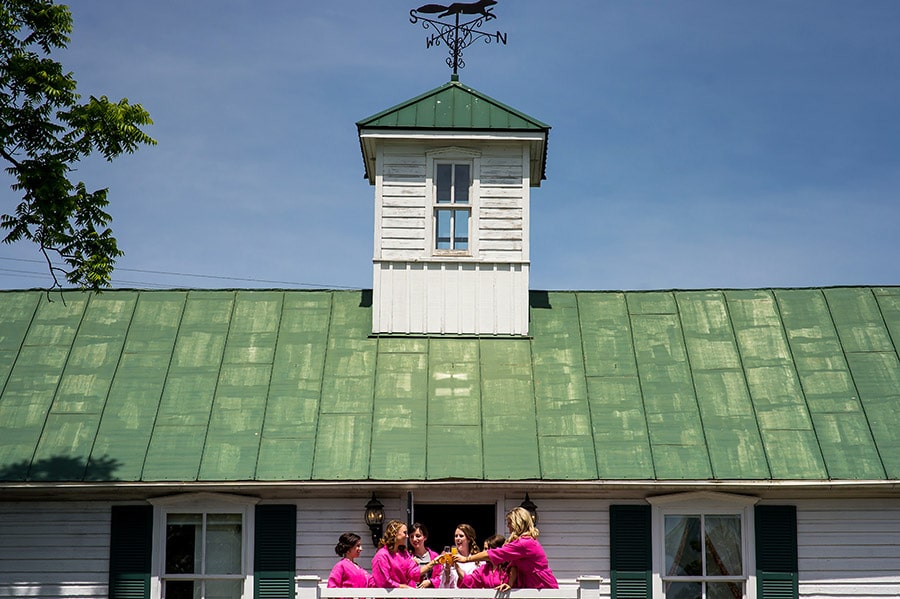 Bridesmaids and bride toasting on a balcony at Antrim 1844 in Taneytown, MD.