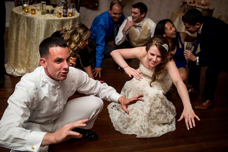 Bride and groom get low during The Shout.